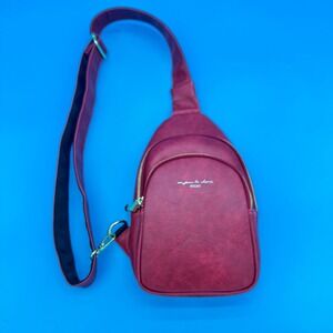 INICAT Burgundy Vegan Leather Sling Bag Crossbody Chest Bag Gold Hardware